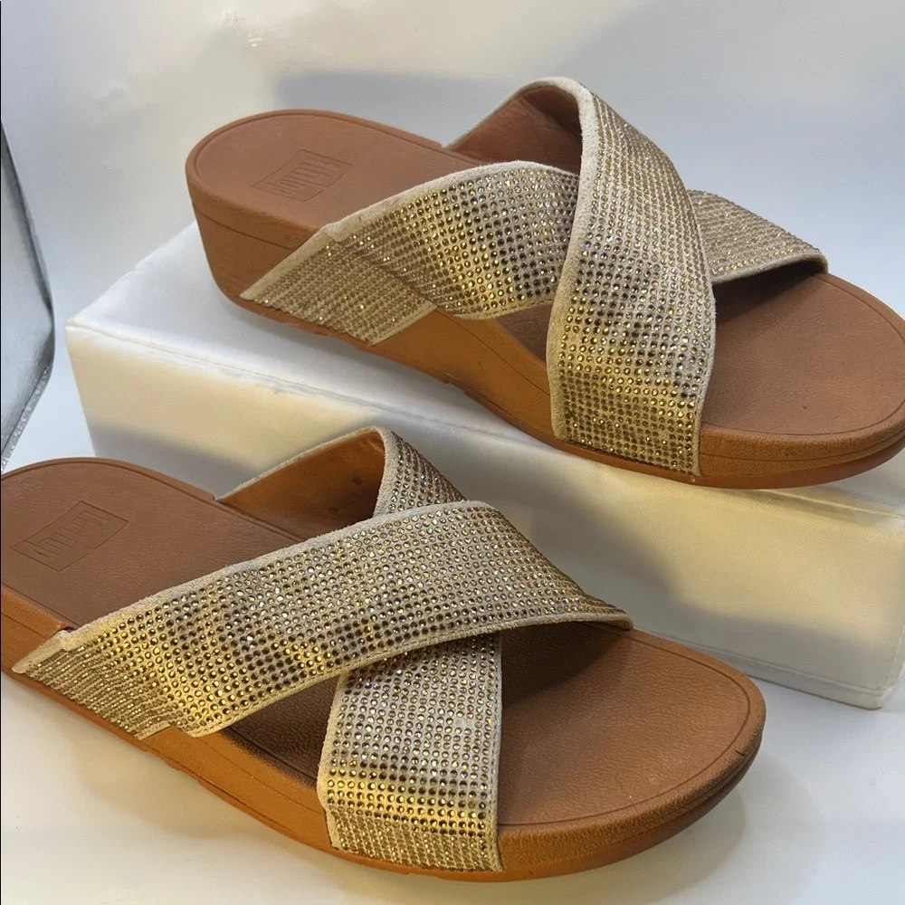 Fitflop Gold Rhinestones Crisscross Sandals-Size 9-Comfy-Slip on-Casual - Picture 1 of 16